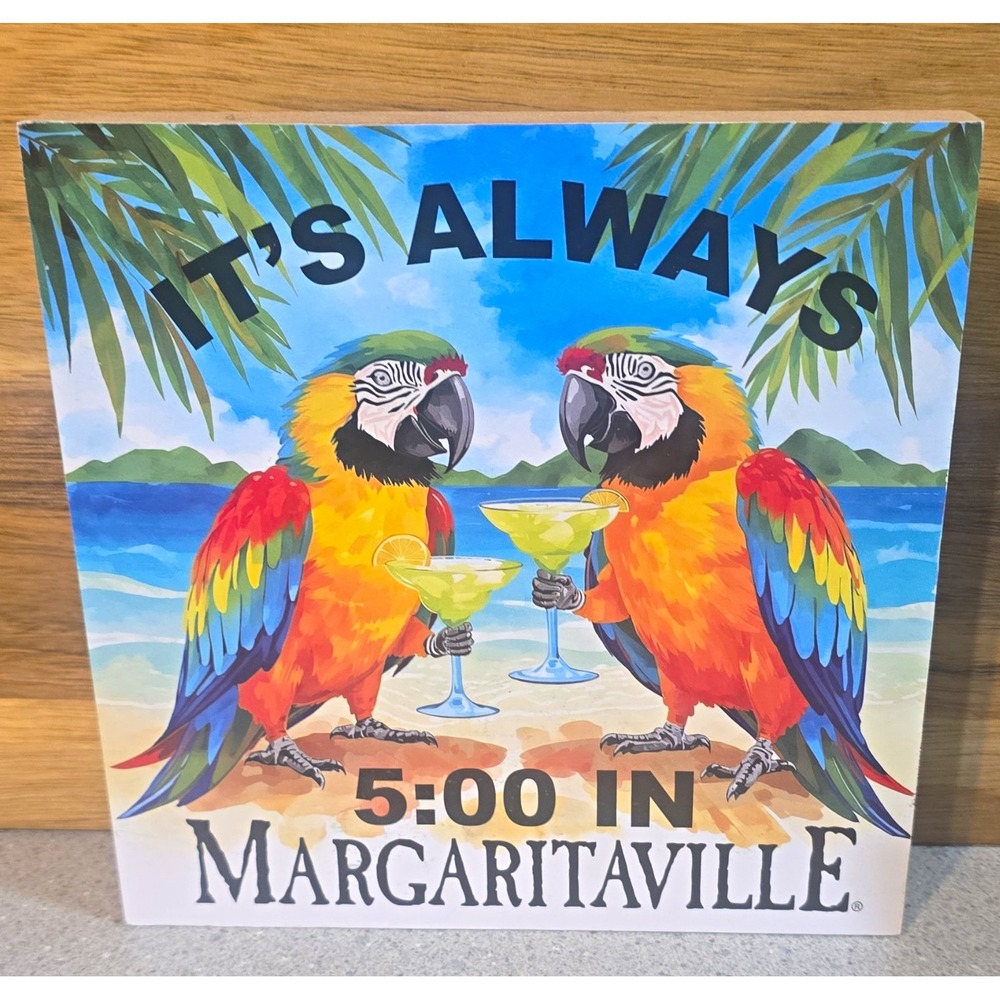 Margaritaville Wood Square Decorative Sign "It's Always 5:00" Parrot 6x6